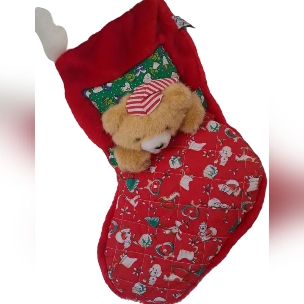 VTG CHRISHA CHRISTMAS STOCKING plush teddy beddy bear nightcap quilted 90's